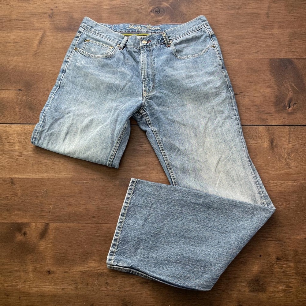 Y2K Indigo Palms Mens Bootcut Jeans Light Wash Denim 36x32 Blue Cotton